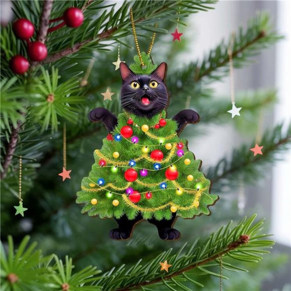 Cute Funny Black  Cat Wrapped in Tree Ornament,